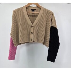 Forever 21 Colorblock Cropped Cardigan Tan Black Pink V Neck Button Front Knit M